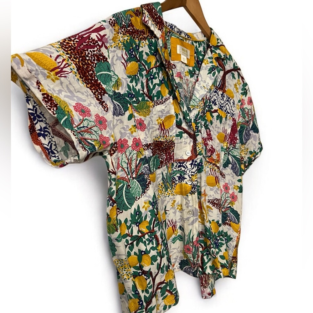 Anthropologie Linen Viscose Blend Classic Surf Shirt Top Novelty Lemon Small - Picture 4 of 8